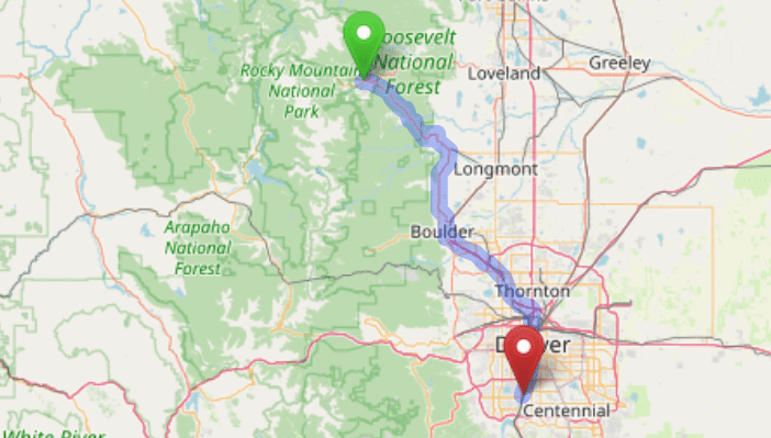 map navigation directions from Estes Park to Gallus Detox Littleton CO