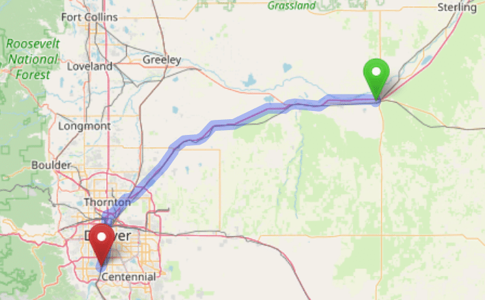map navigation directions from Brush to Gallus Detox Littleton CO