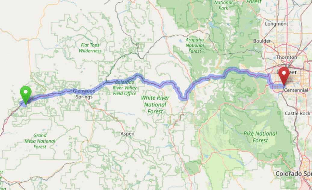 map navigation directions from Battlement Mesa to Gallus Detox Littleton CO