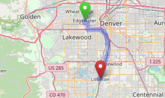 map navigation directions from Edgewater to Gallus Detox Littleton CO