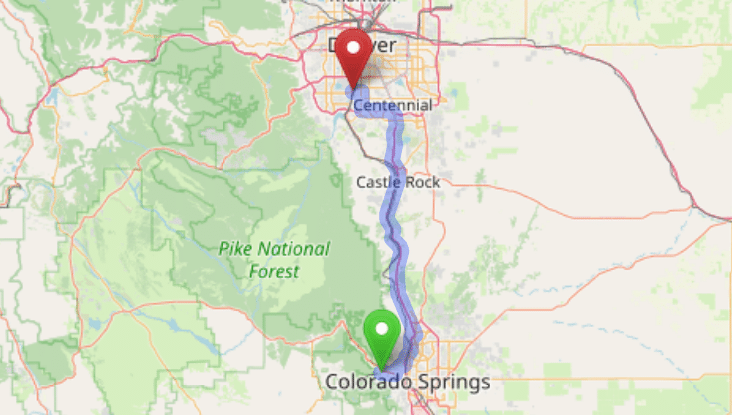 map navigation directions from Manitou Springs to Gallus Detox Littleton CO