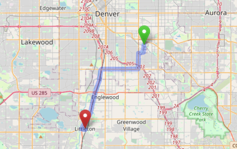 map navigation directions from Glendale to Gallus Detox Littleton CO