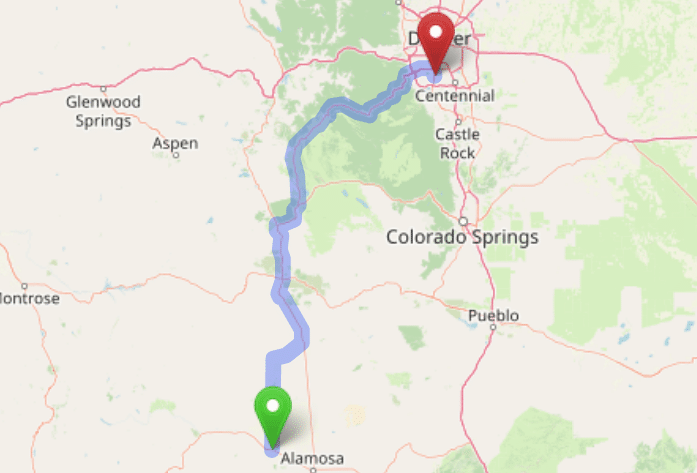 map navigation directions from Monte Vista to Gallus Detox Littleton CO