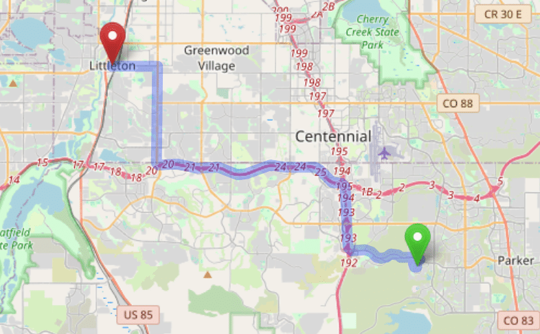map navigation directions from Stepping Stone to Gallus Detox Littleton CO