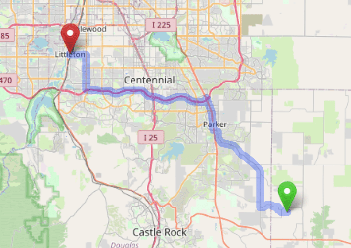 map navigation directions from Ponderosa Park to Gallus Detox Littleton CO