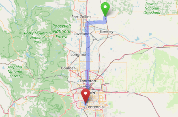 map navigation directions from Ault to Gallus Detox Littleton CO