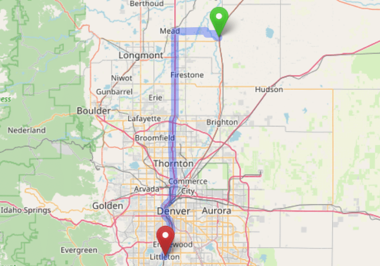 map navigation directions from Platteville to Gallus Detox Littleton CO