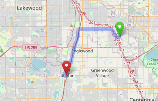 map navigation directions from Holly Hills to Gallus Detox Littleton CO