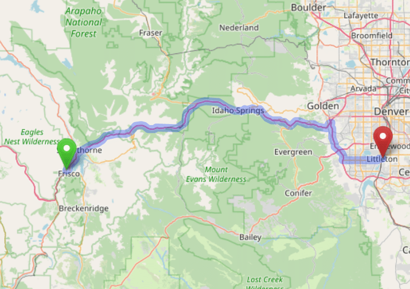 map navigation directions from Frisco to Gallus Detox Littleton CO