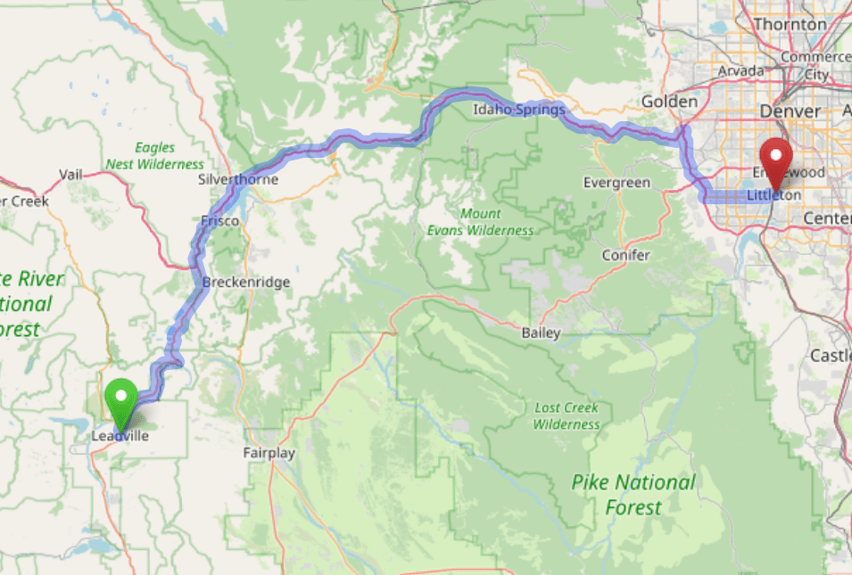 map navigation directions from Leadville to Gallus Detox Littleton CO