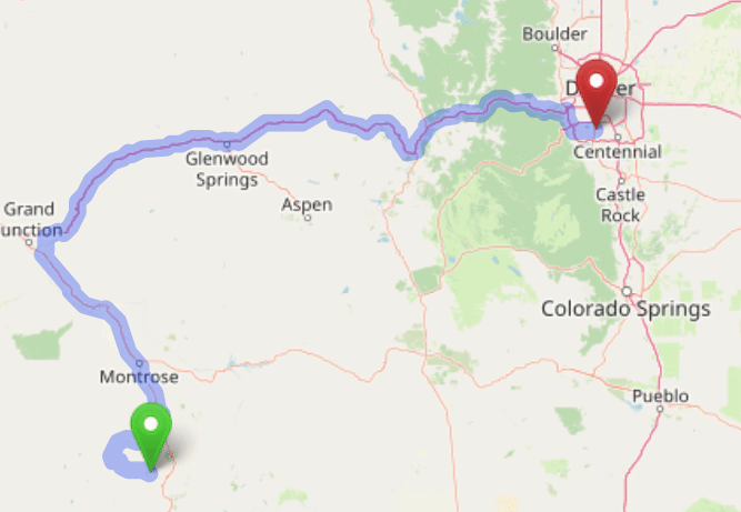 map navigation directions from Telluride to Gallus Detox Littleton CO