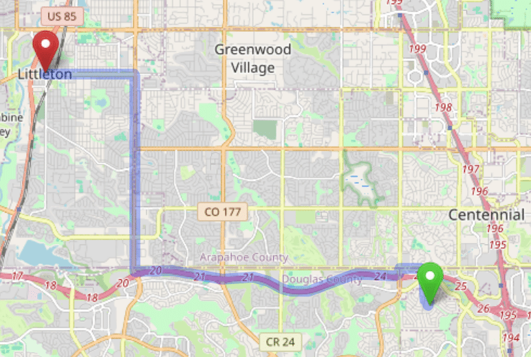 map navigation directions from Acres Green to Gallus Detox Littleton CO