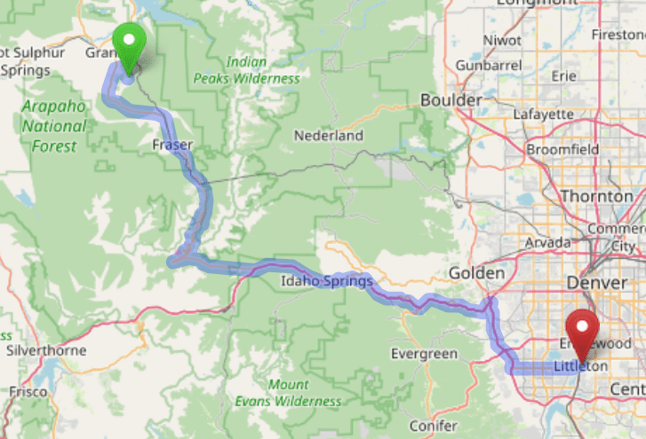 map navigation directions from Granby to Gallus Detox Littleton CO