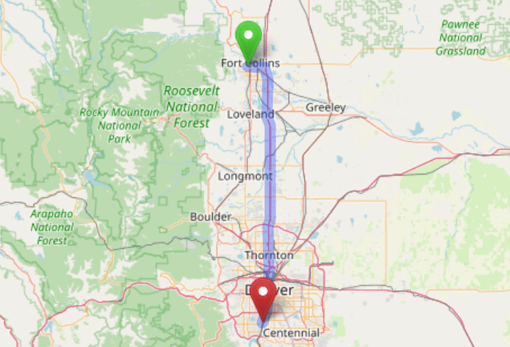 map navigation directions from Meridian Village to Gallus Detox Littleton CO