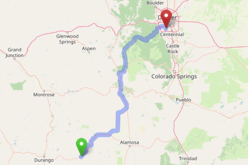 map navigation directions from Pagosa Springs to Gallus Detox Littleton CO