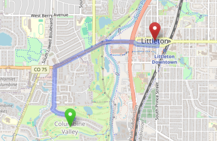 map navigation directions from Columbine Valley to Gallus Detox Littleton CO