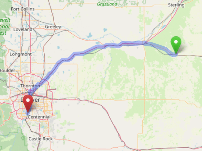 map navigation directions from Akron to Gallus Detox Littleton CO