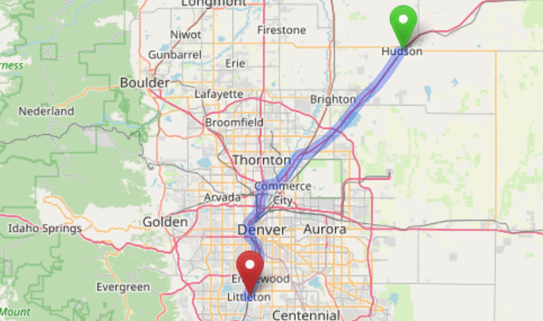 map navigation directions from Hudson to Gallus Detox Littleton CO