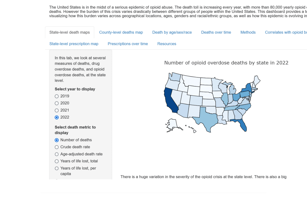 map USA deaths from opioids deaths highest states highlighted dashboard