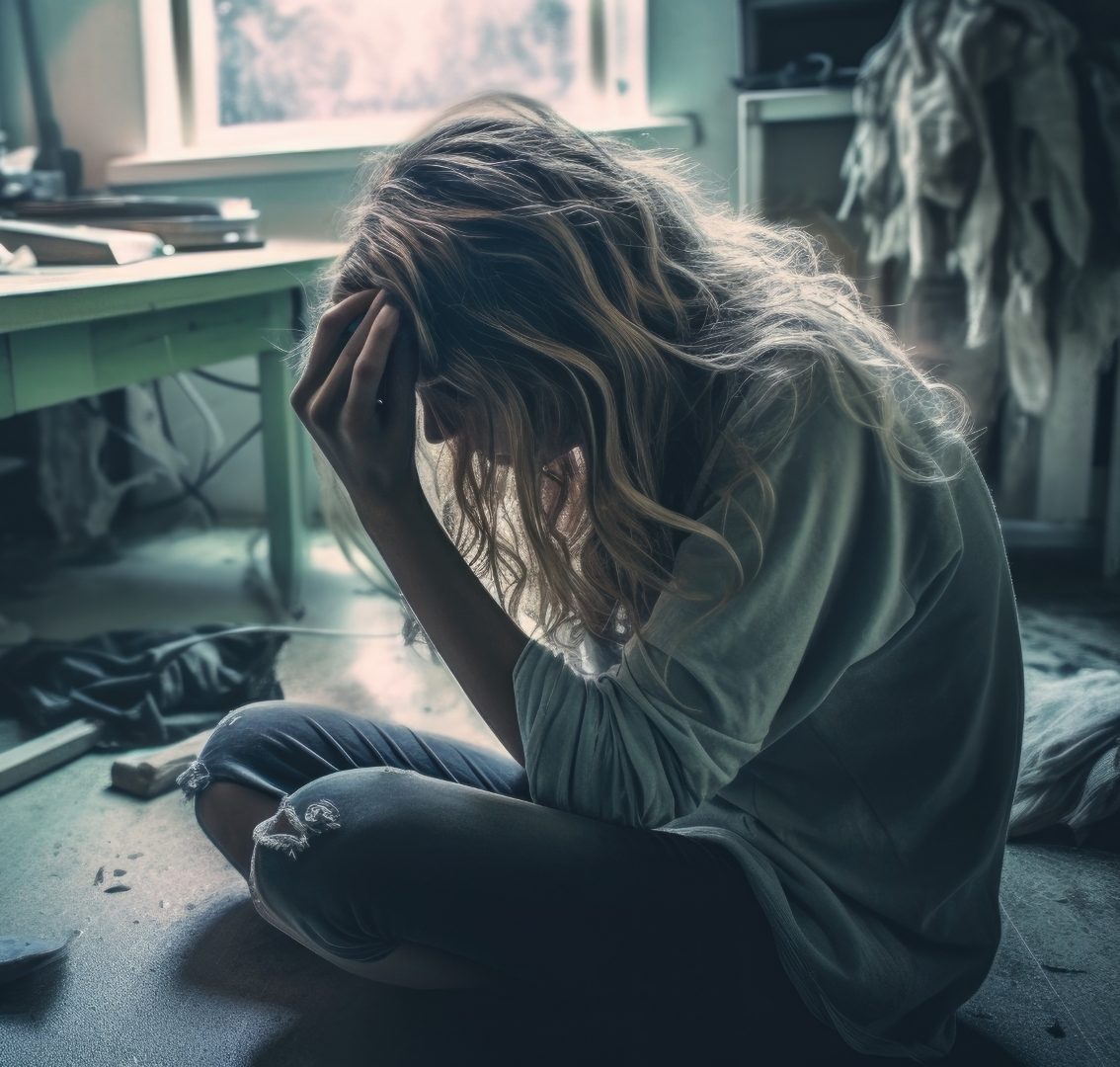 drug addict home alone on floor