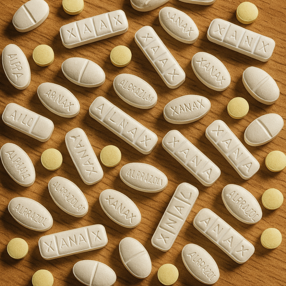 Xanax Bars, Xanax Footballs, and Xanax Round Pills on a Tabletop - imagined by AI - Not actual real pills
