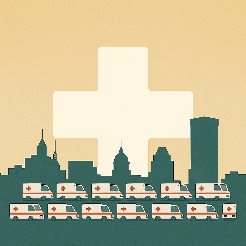 many ambulances at once in the city with medical cross - gallus